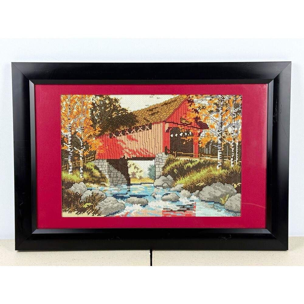 Handmade Framed Finished Cross Stitch Wall Hanging Covered Bridge Scene